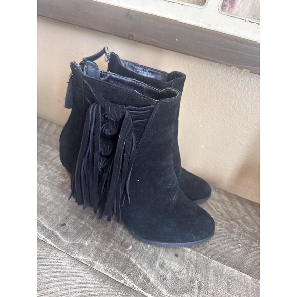 Leather Fringe Ankle Boots Yellow Box Bikendi Black Boho Wmns Size 7.5 M - Picture 3 of 5